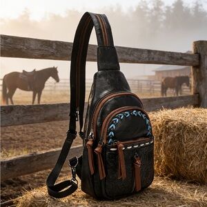 🌵 Western Black Tooled Sling Backpack w/ Turquoise Stud Detail